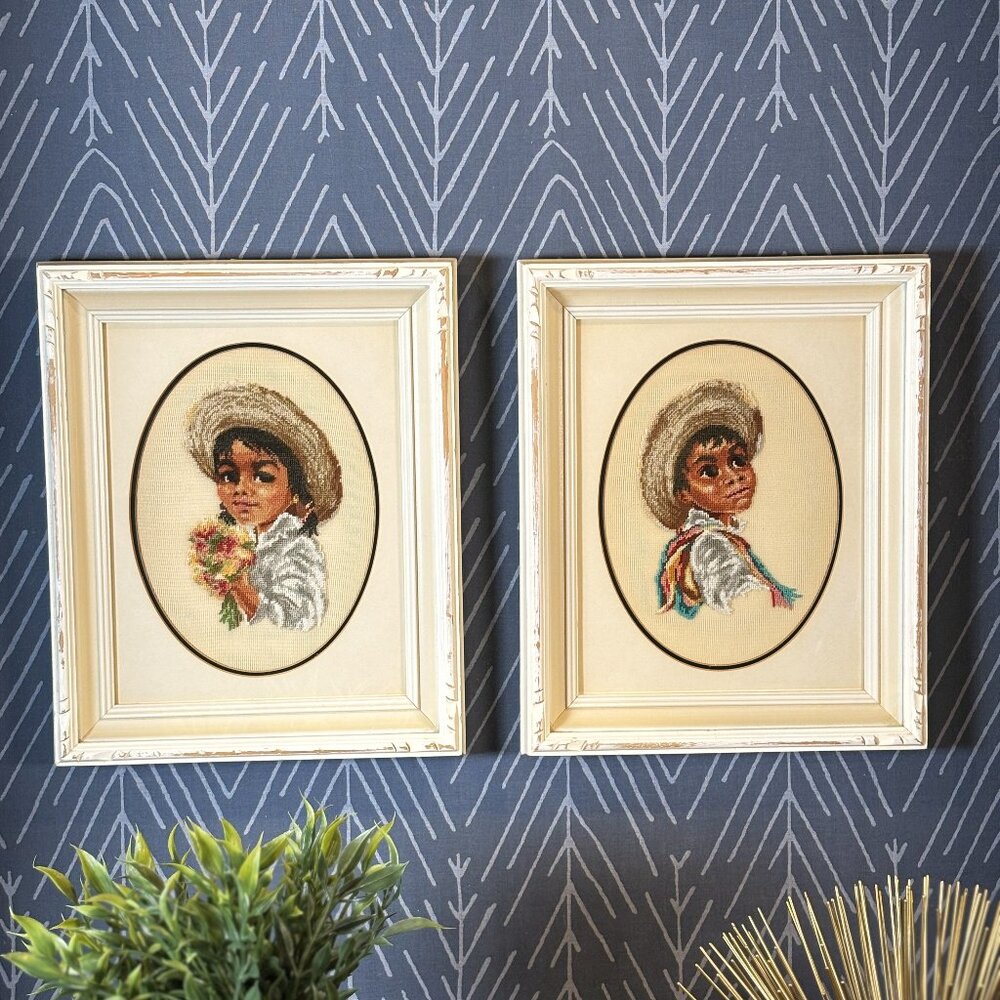 Vintage Needlepoint Art Pepe & Pepita by Jean McIntosh Set of 2 Embroidery Art